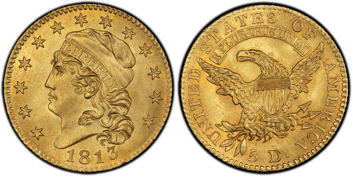 1813 Capped Head Left Half Eagle. BD-2. MS-66+ (PCGS)